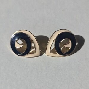 Stud Earrings Womens Navy Cream Gold Enamel Swirl Vintage